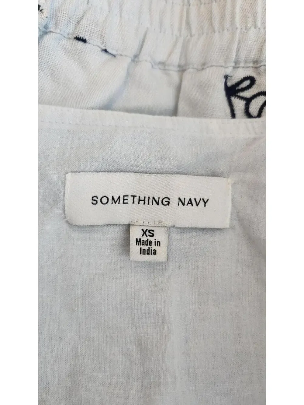 Something Navy Shirt Womens XS Blue Linen Cotton Embroidered Crop Blouse Top